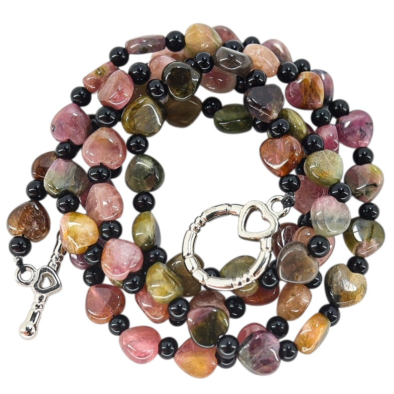 Pink & Green Genuine Tourmaline Heart Bead Necklace 24” October Birthstone