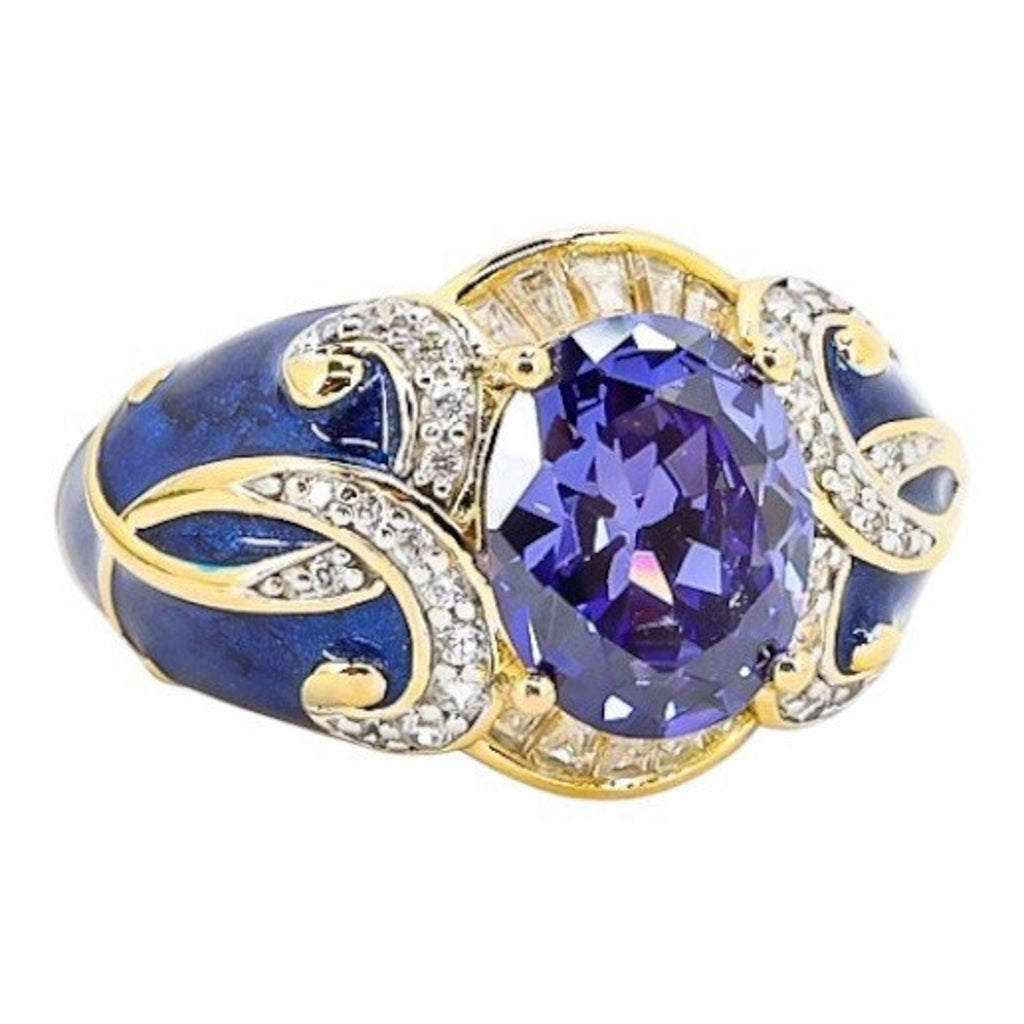 925 Blue Enamel & CZ Crystal Gold Vermeil Sterling Ring Palazzo Style