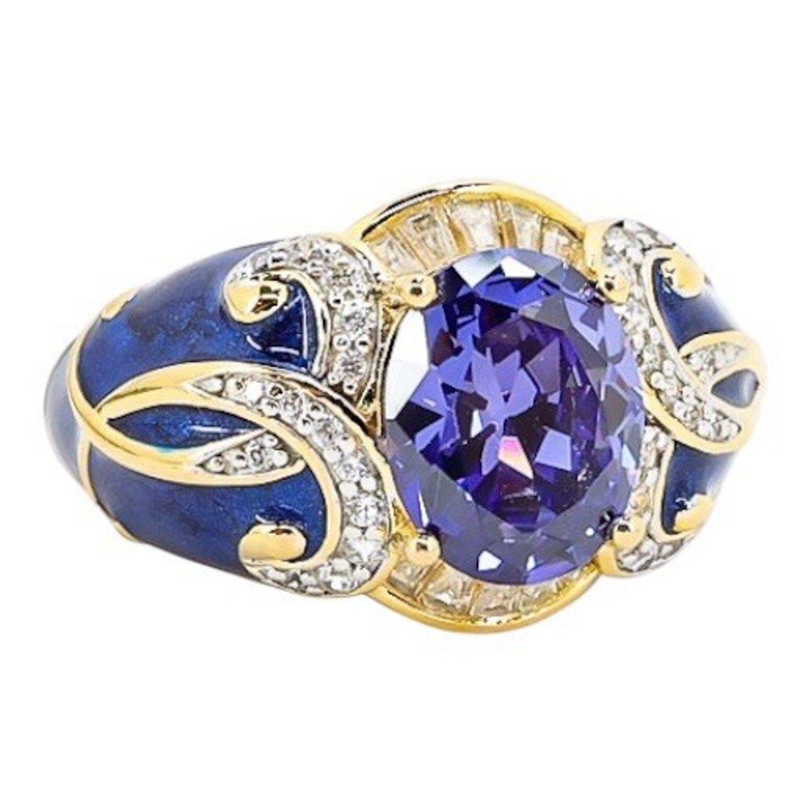 925 Blue Enamel & CZ Crystal Gold Vermeil Sterling Ring Palazzo Style