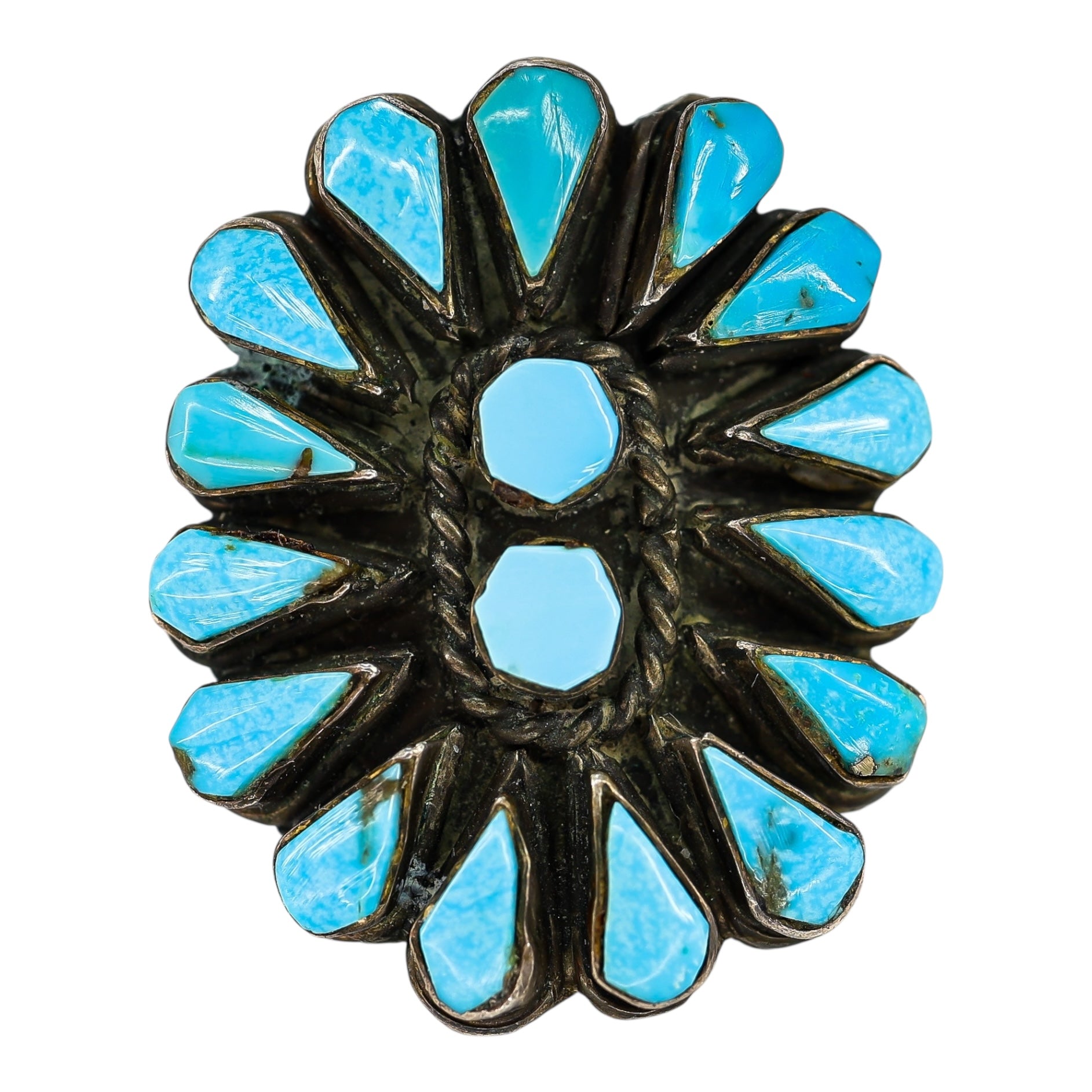 Vintage Southwestern Zuni-Style Petit Point Turquoise Sterling Silver Ring Size 6.5