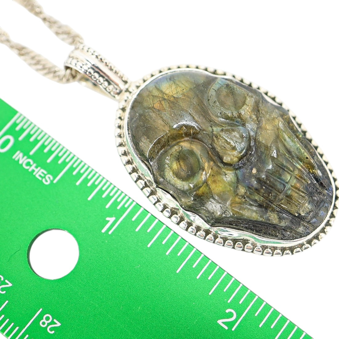 Large Artisan Carved Labradorite Scull Pendant Necklace In Sterling Silver