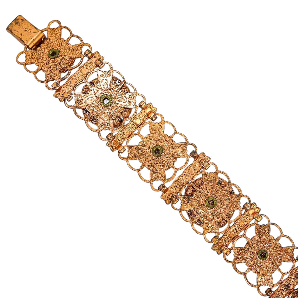 Vintage Copper Filigree Bracelet with Goldstone Art Glass Cabochons