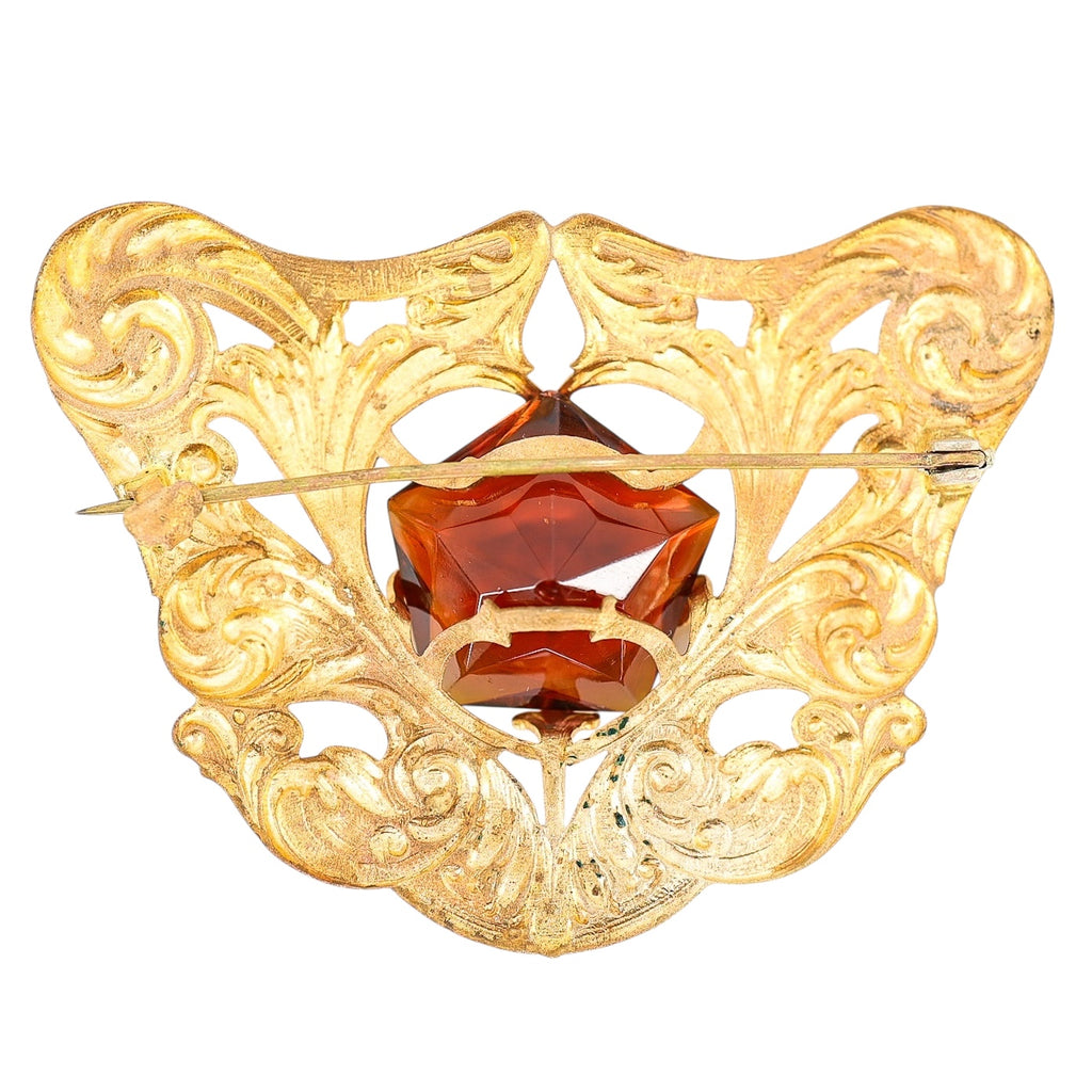 Antique Art Nouveau Gold Wash Brooch with Large Amber Glass Stone