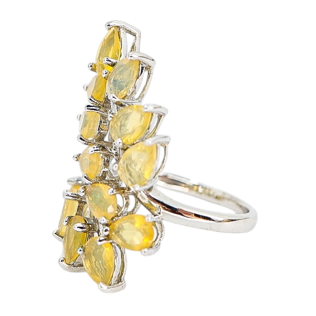 Sterling Silver Ethiopian Yellow Opal Leaf Ring, Size 8 – Pear-Cut Stones with Subtle Play of Color