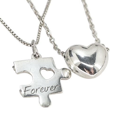 Lot 2 Stackable Layered Necklace Dyadema Puffy Heart 925 Italy “Forever” Puzzle