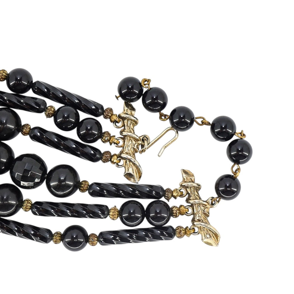 Vintage MCM Cellulose Acetate Ornate Black Beaded 3 Strand Necklace