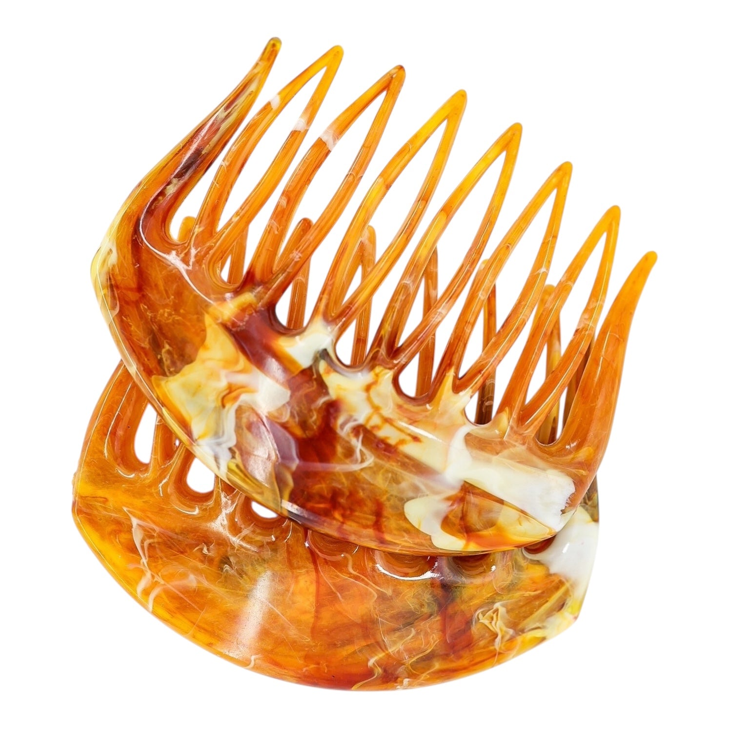 Vintage Made In France Orange Hair Combs Marbled Cellulose Acetate, Set of 2