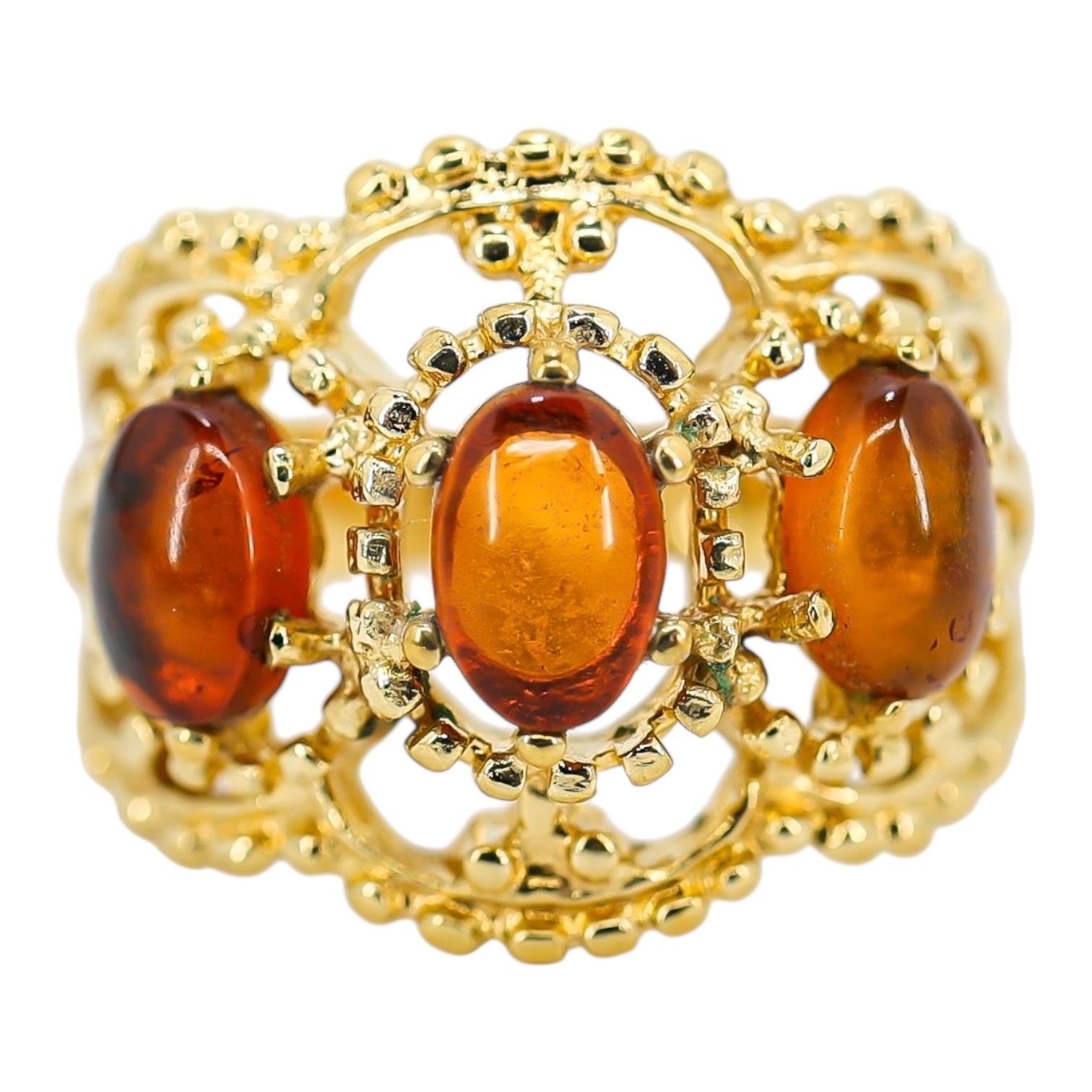 14K Gold-Plated Stainless Steel Baltic Amber Ring – Architectural Openwork Statement 3 Cabs