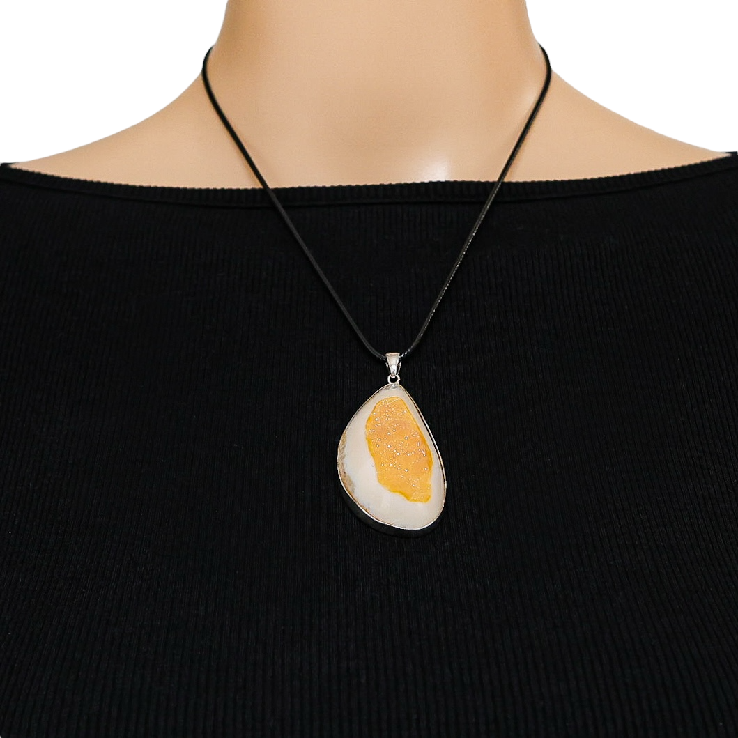 Yellow Druzy Agate Organic Freeform Modernist Pendant in Sterling Silver