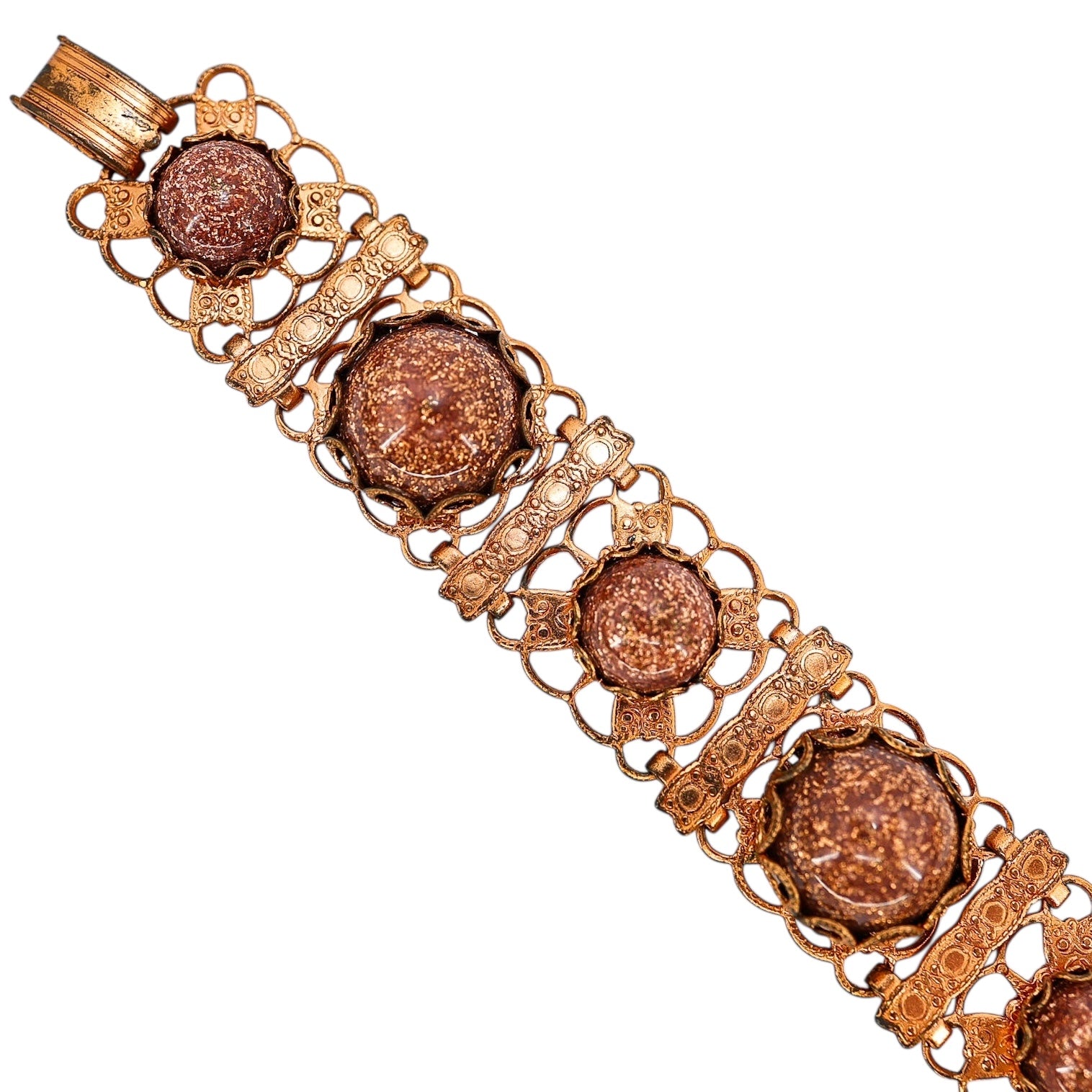 Vintage Copper Filigree Bracelet with Goldstone Art Glass Cabochons