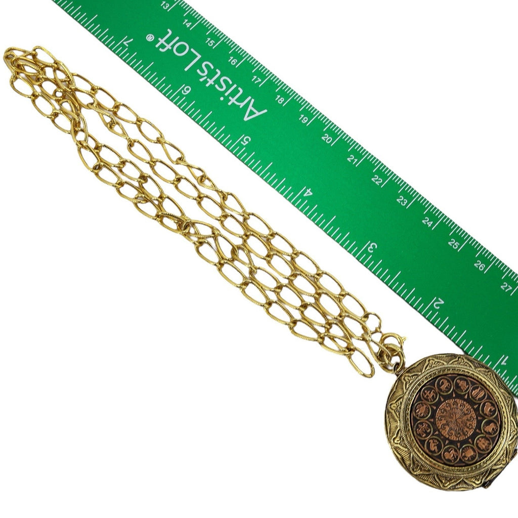 Vintage MCM Zodiac Astrology Pendant Locket Necklace 12 Signs Copper & Goldtone