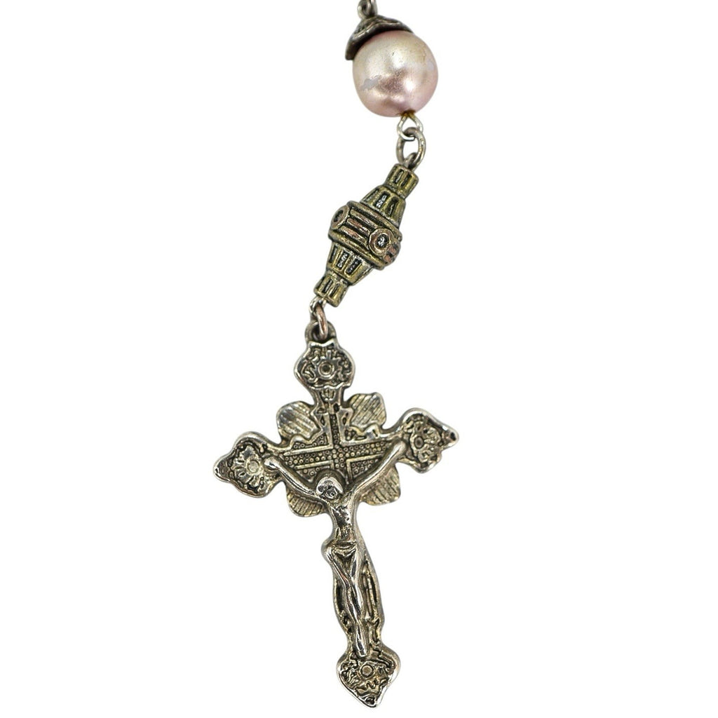 Vintage Large Display Ceremonial Ornate Rosary Faux Pearl & Crackle Glass Beads