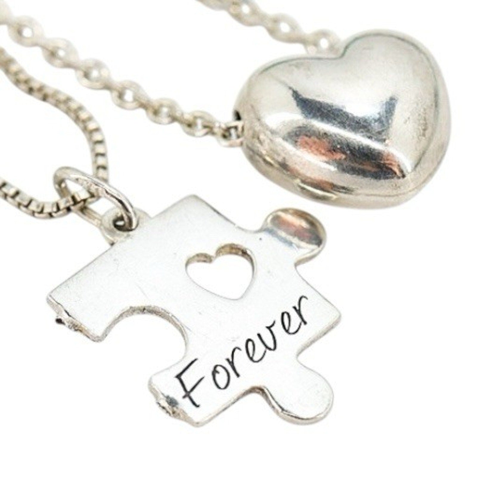 Lot 2 Stackable Layered Necklace Dyadema Puffy Heart 925 Italy “Forever” Puzzle