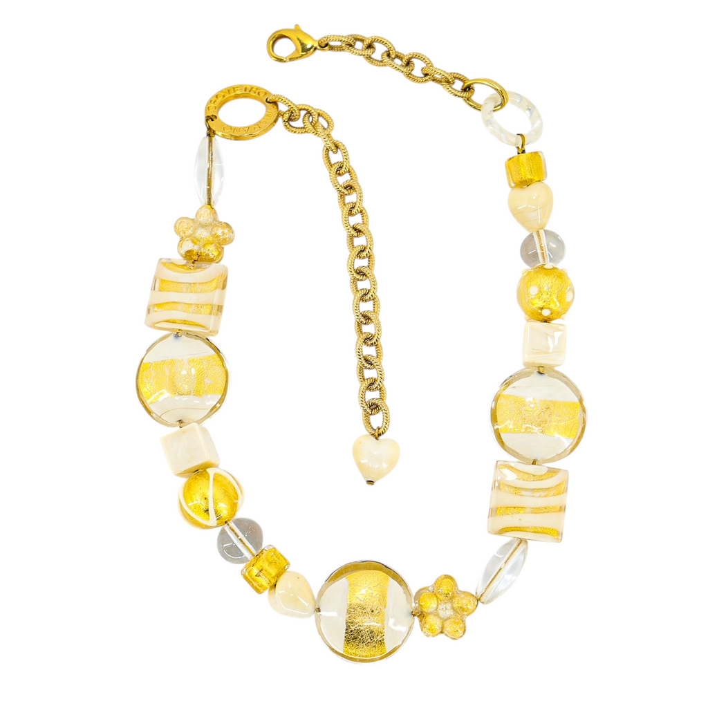 OroVetro - Signed Murano Necklace & Bracelet Set - Cream And Gold Foil Beads
