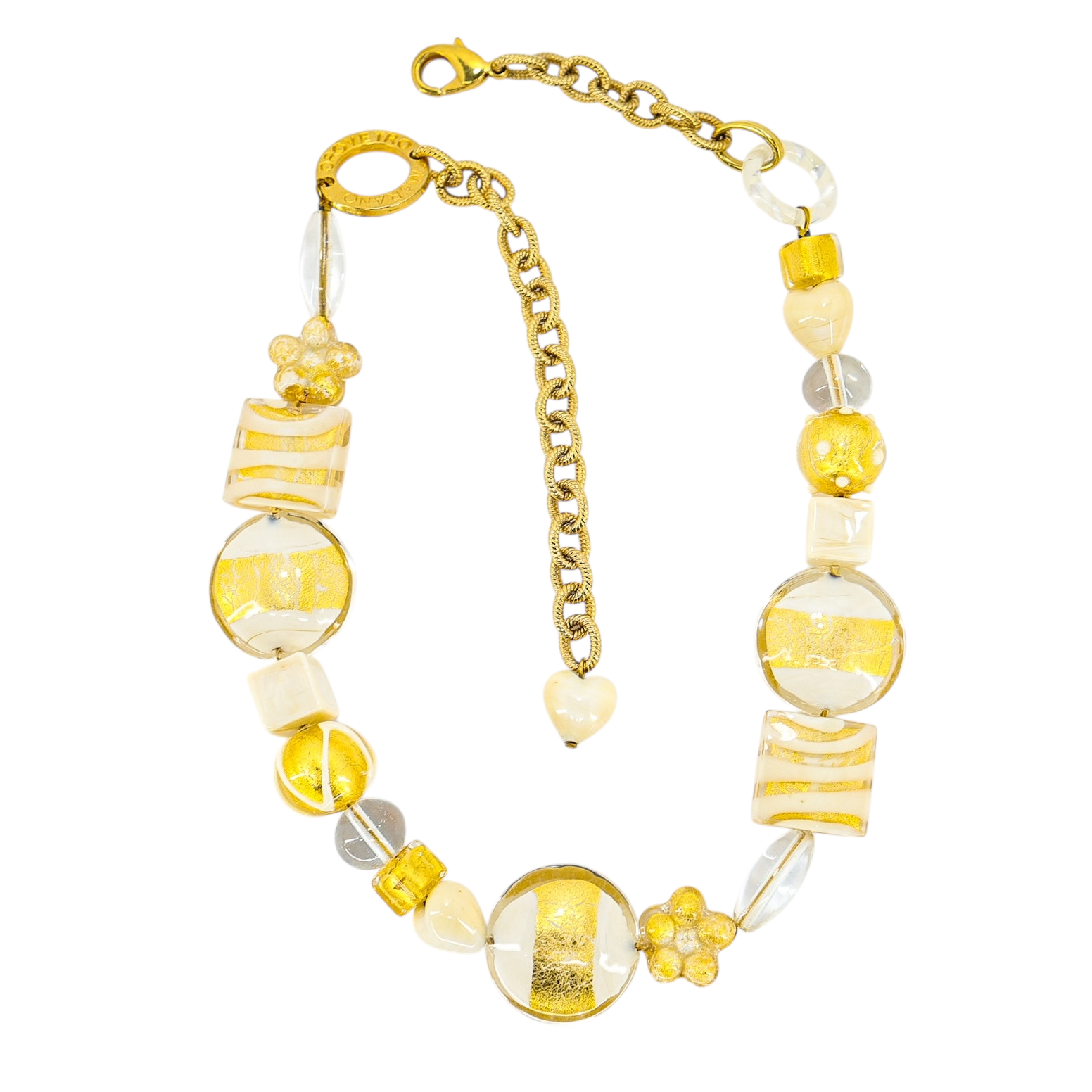 OroVetro - Signed Murano Necklace & Bracelet Set - Cream And Gold Foil Beads