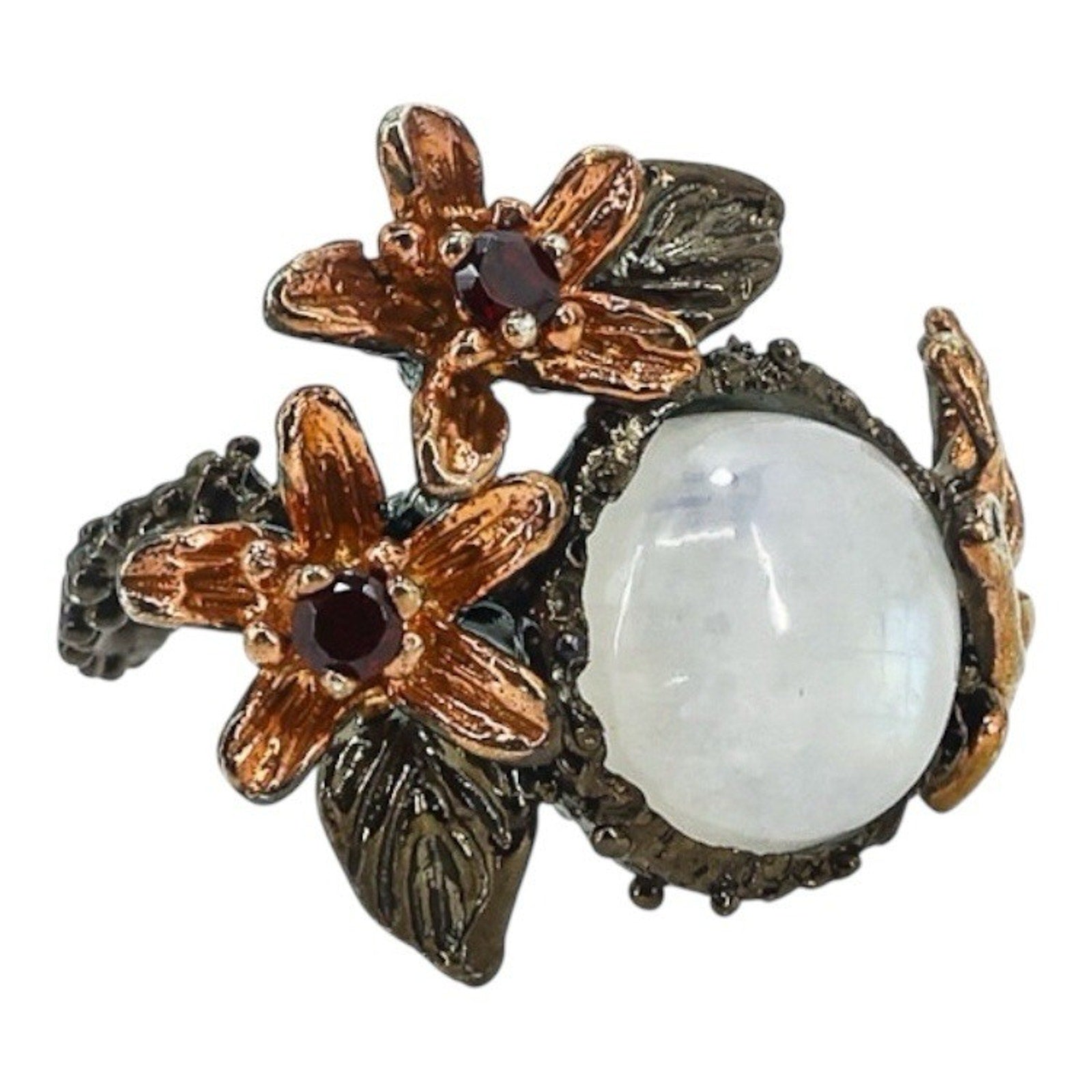 Sterling Silver Whimsical Garden Ring W Moonstone Flowers & Butterfly Size 8.5