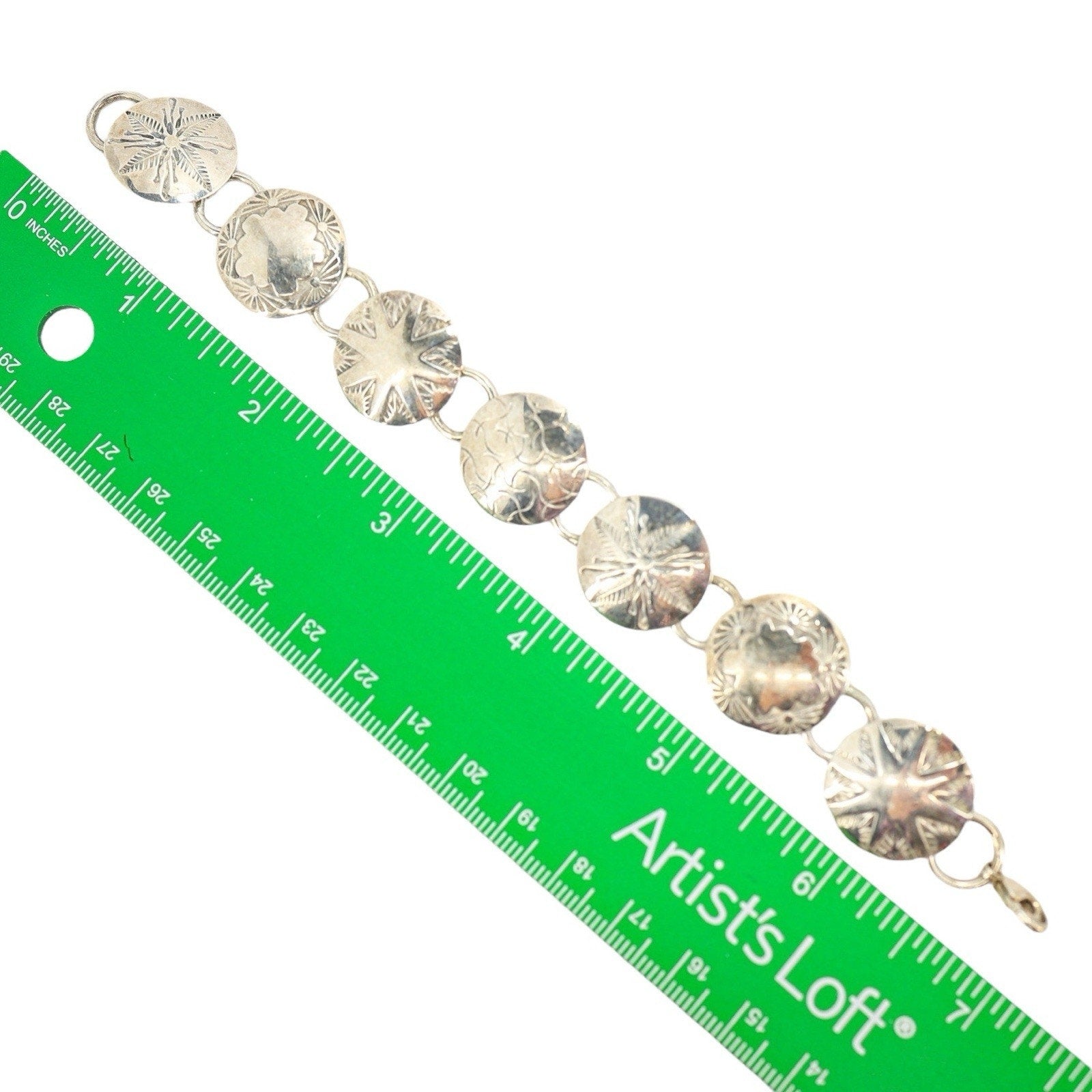 Sterling Silver Concho Bracelet Stamped Each Link Lobster Clasp Starburst 19.8g