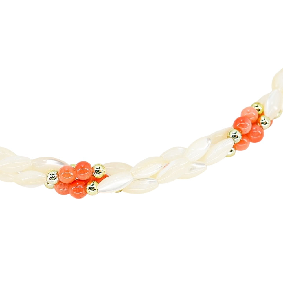 Vintage Mother Of Pearl & Coral Bead Necklace – Twisted Strands 17 in Nautical