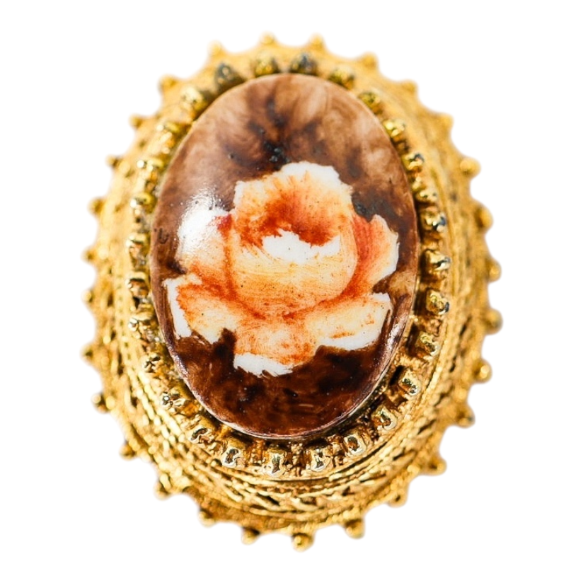 Vintage Florenza Hand-Painted Porcelain Cabochon Earrings, Ornate Gold Tone Filigree Clip-Ons