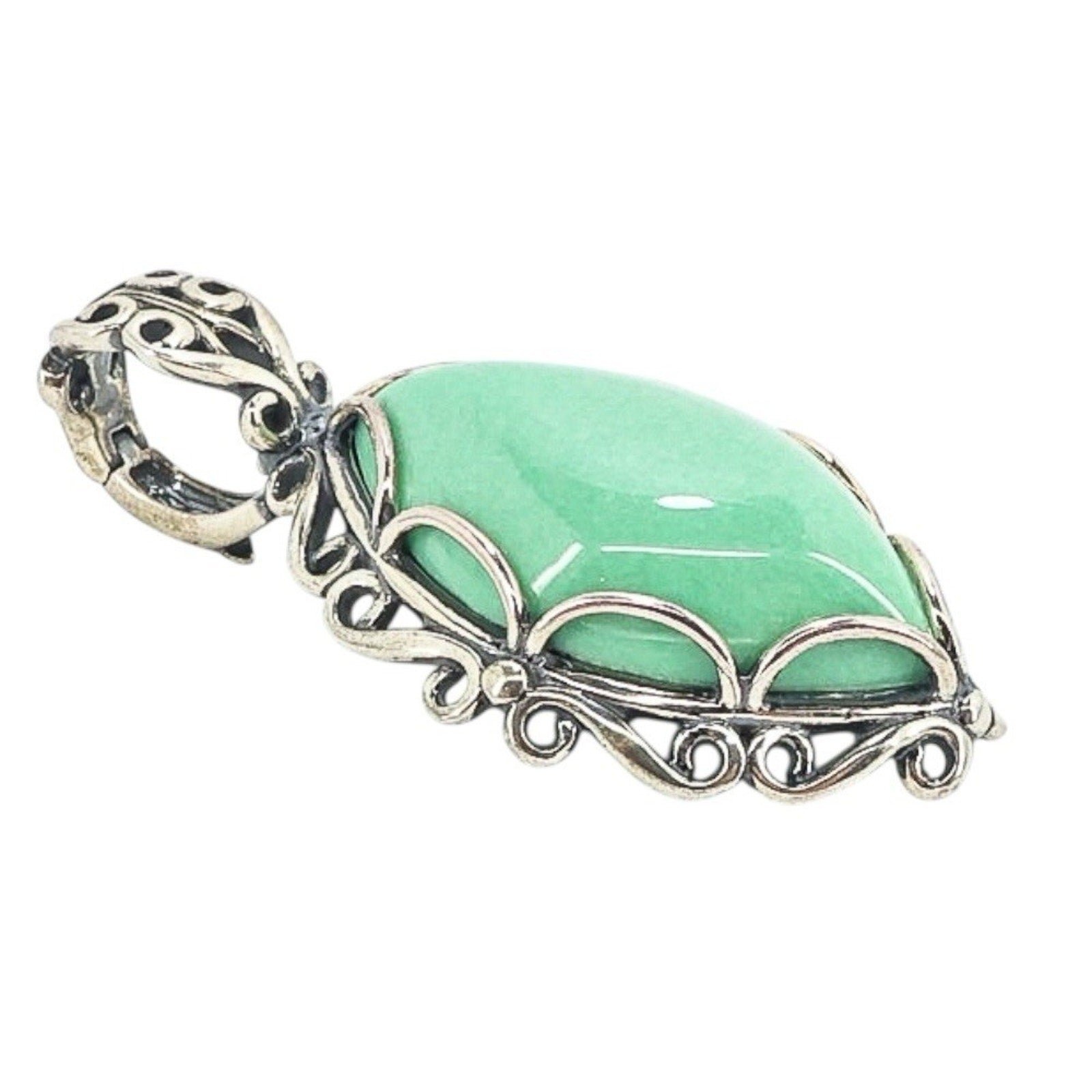 Vintage Carolyn Pollack Sterling Silver Green Stone Pendant Marquise Cabochon 2”