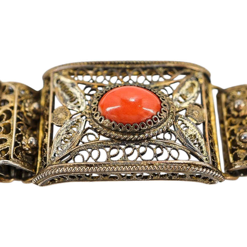 Vintage 1930s Italian Gilded 800 Silver Filigree Bracelet with Natural Coral – Firenze Maker