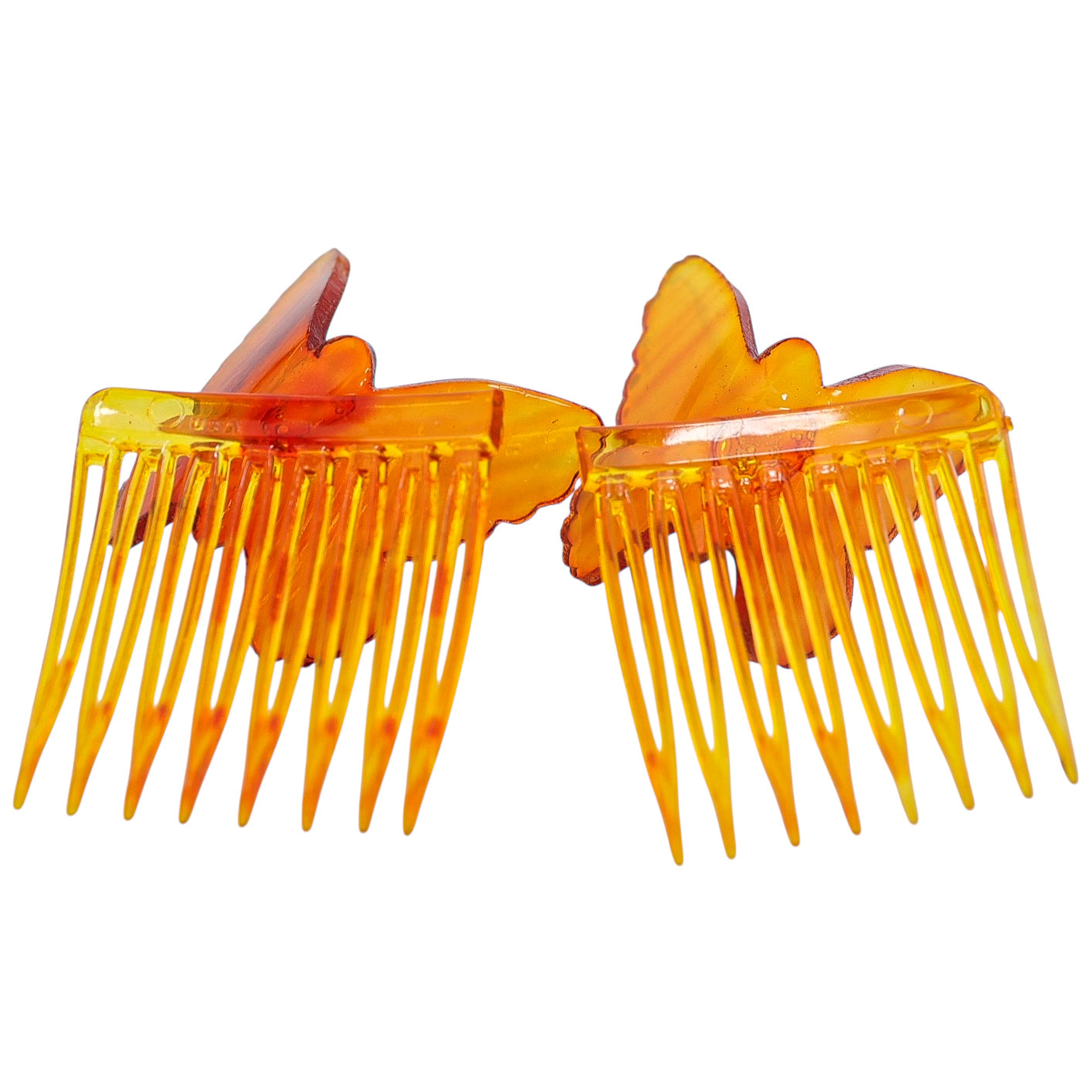Vintage Amber Celluloid Butterfly Hair Combs, Made in USA – 1940s Factory-Split Pair from Single Mold
