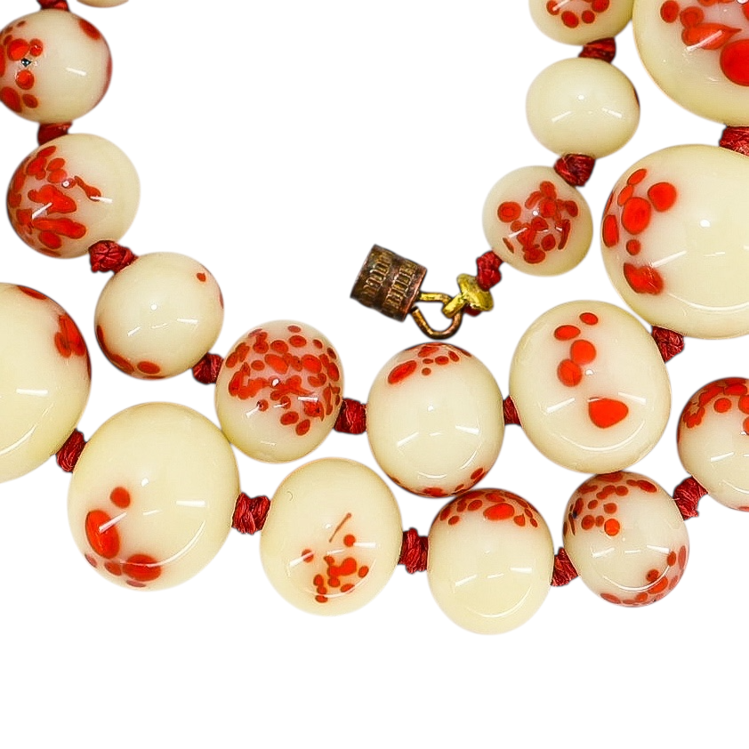 Vintage 1930s Venetian Custard Uranium Glass Necklace – Red Frit Beads, UV Reactive