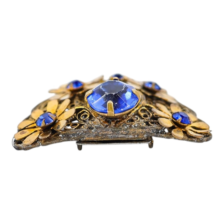 Vintage 1930s Blue Rhinestone Filigree Brass Flora Fur Clip / Dress Clip