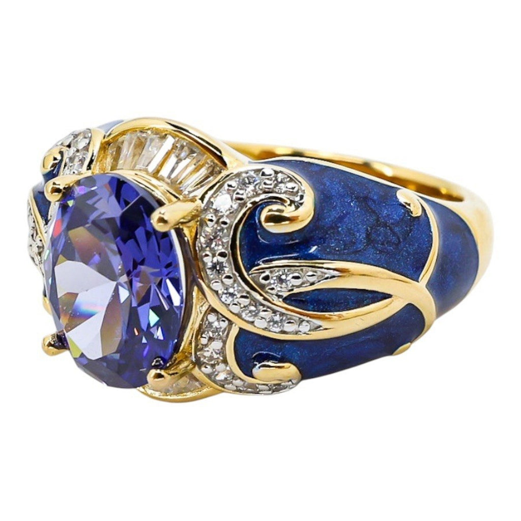 925 Blue Enamel & CZ Crystal Gold Vermeil Sterling Ring Palazzo Style