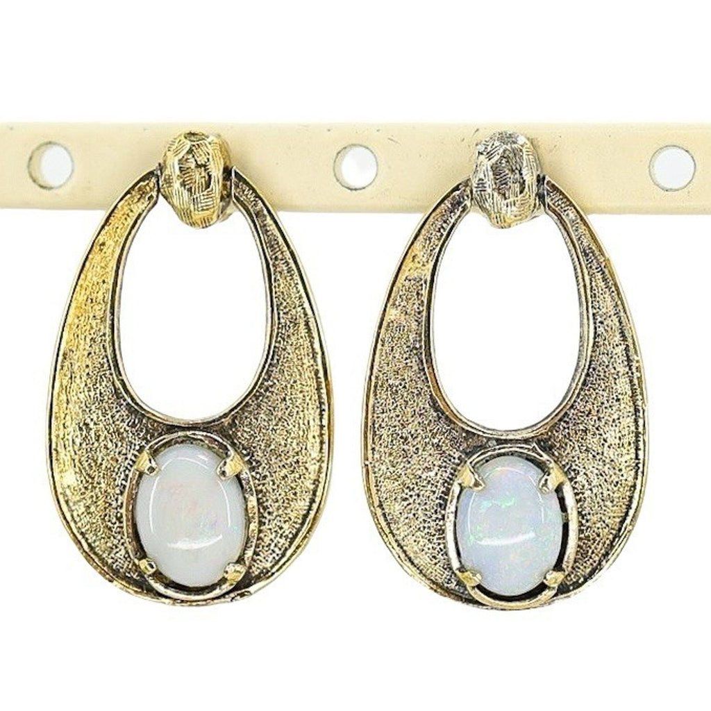 Vintage MCM Wells Sterling Textured Vermeil Australian Opal Earrings Oval Drop
