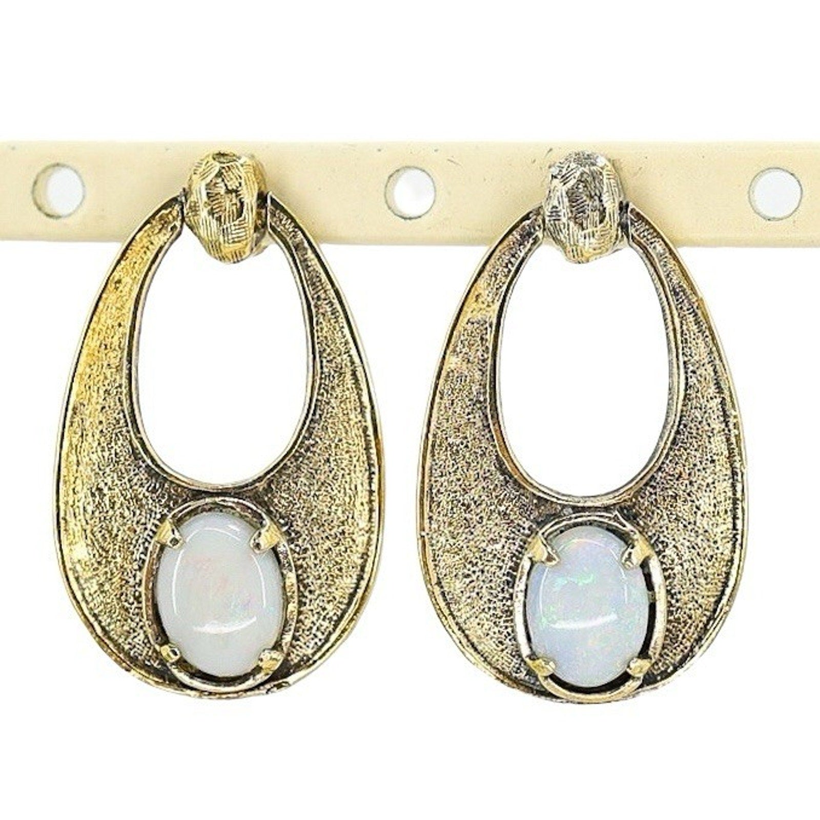 Vintage MCM Wells Sterling Textured Vermeil Australian Opal Earrings Oval Drop