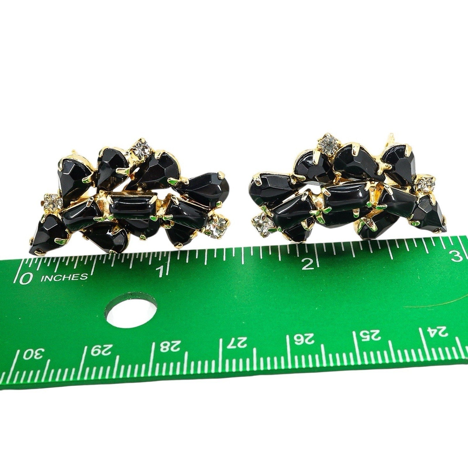 Vintage Mid Century Glam Black Glass Rhinestone Necklace & Clip-On Earrings Set