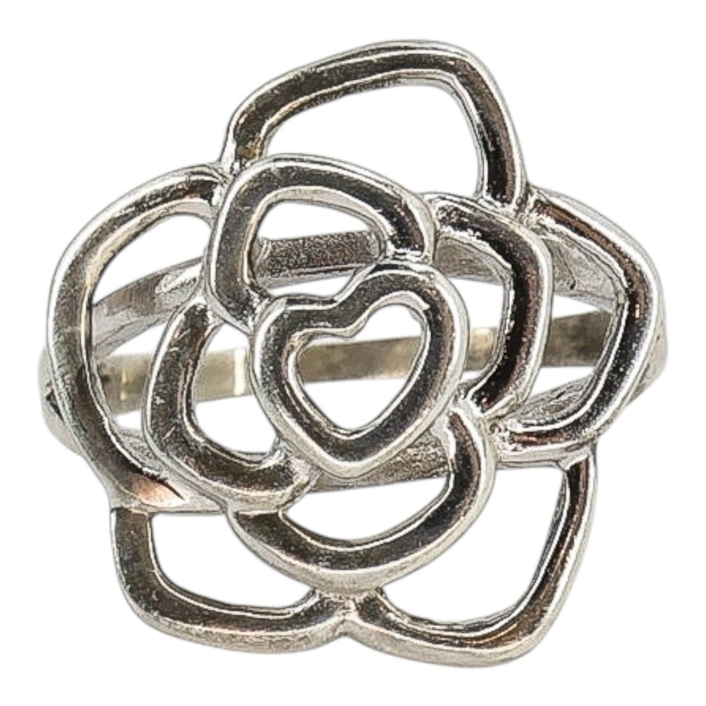 Sterling Silver Openwork Rose Ring 925 Floral Outline Heart Center 3.7G Size 9