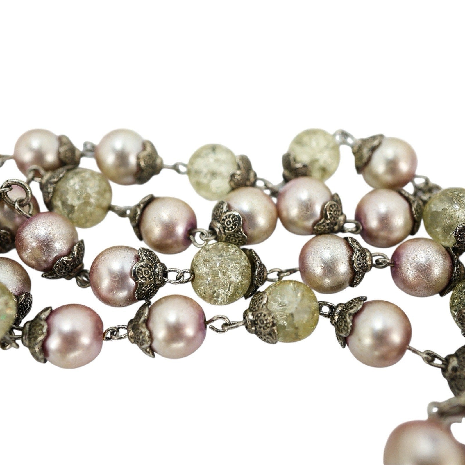 Vintage Large Display Ceremonial Ornate Rosary Faux Pearl & Crackle Glass Beads