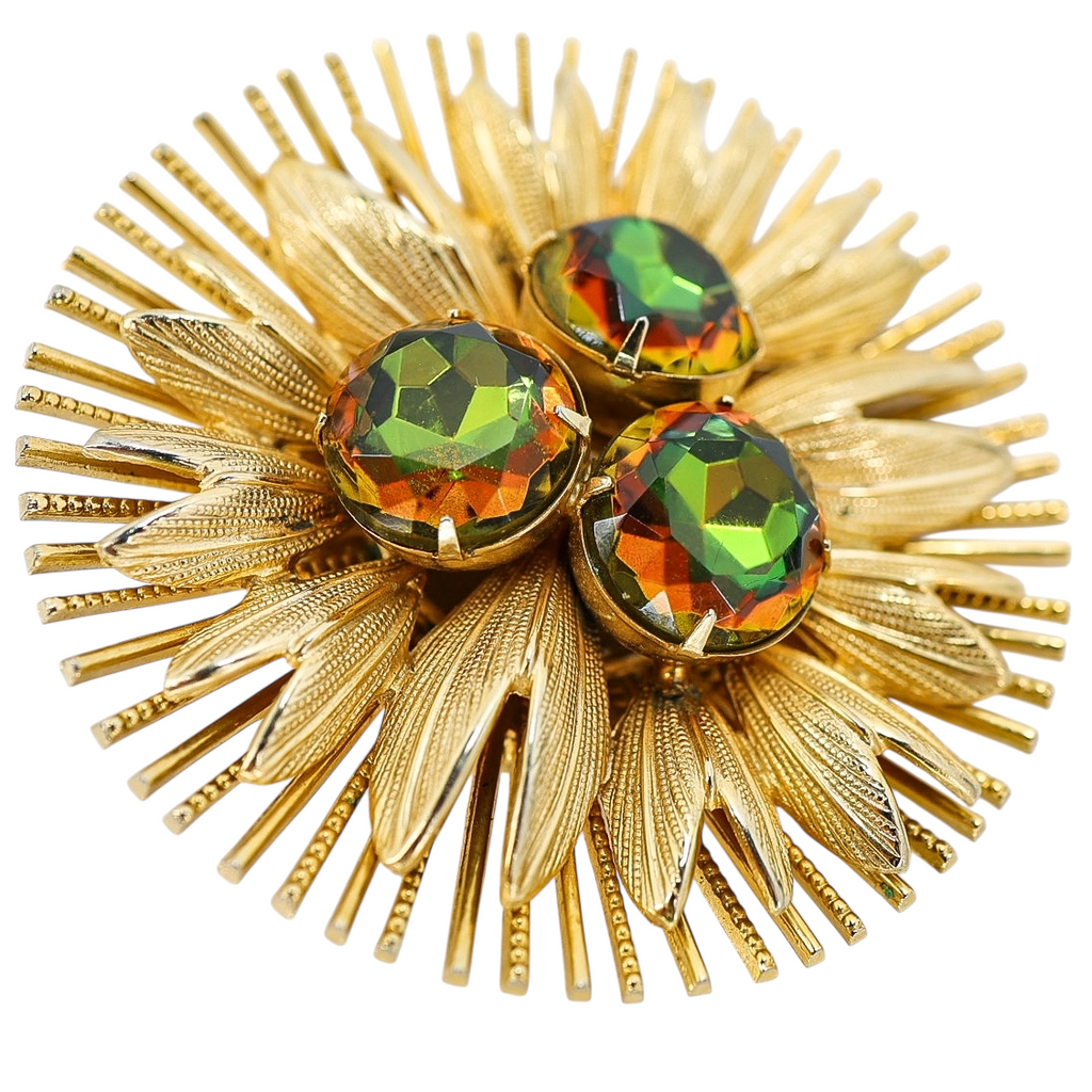 Large Vintage Watermelon Glass Rhinestone Brooch - Starburst Design