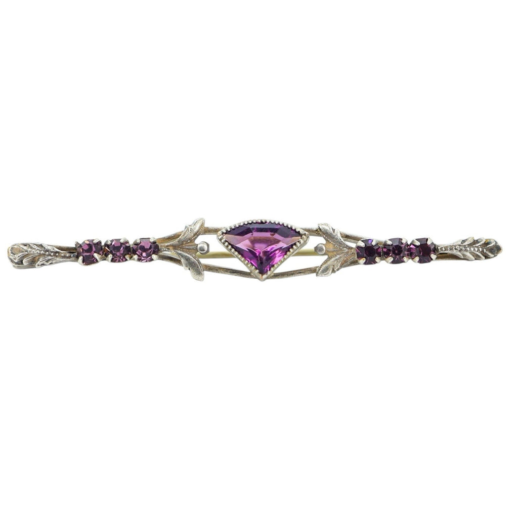 Antique Purple Glass Bar Brooch Fan Cut Leaf Motif Late Victorian Edwardian