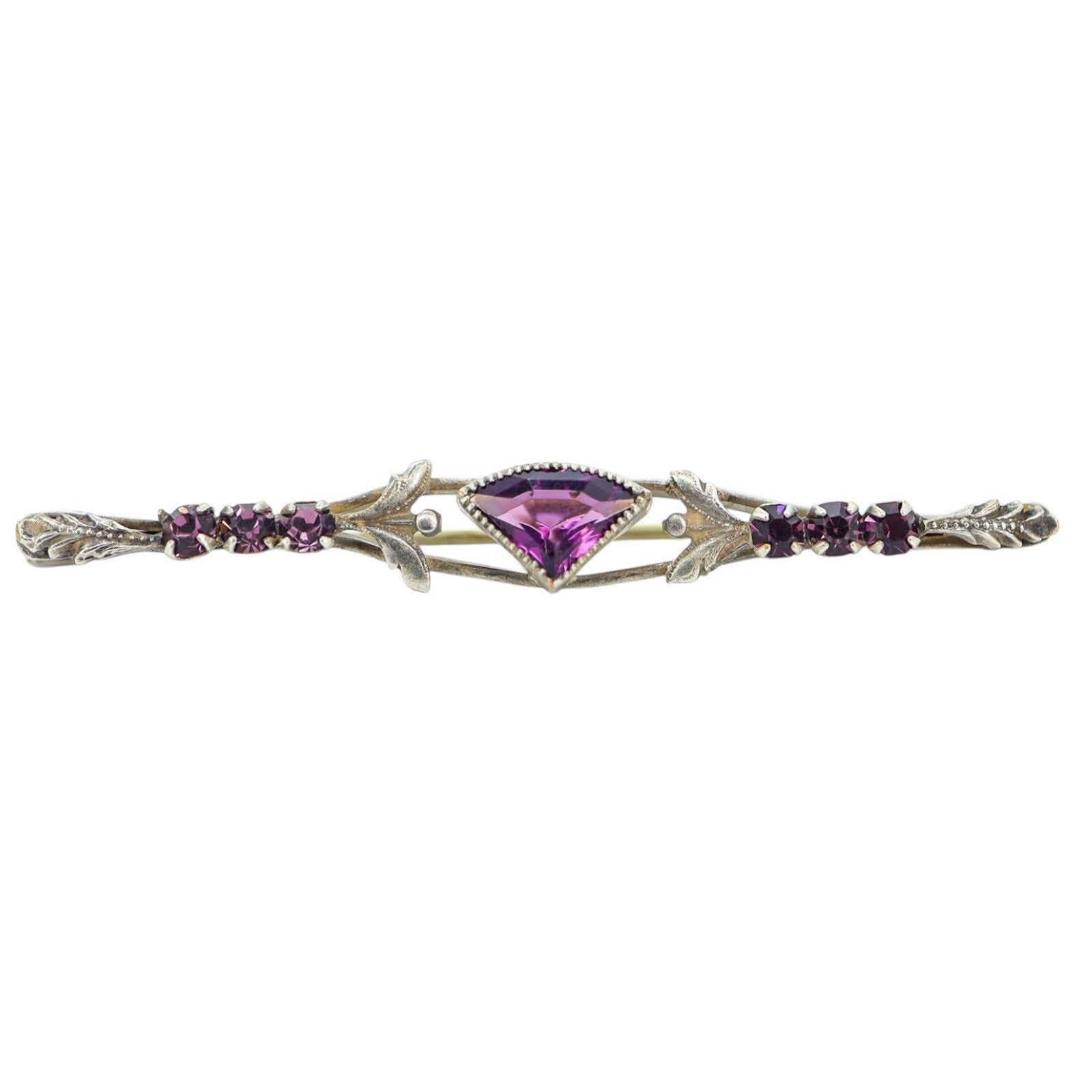 Antique Purple Glass Bar Brooch Fan Cut Leaf Motif Late Victorian Edwardian