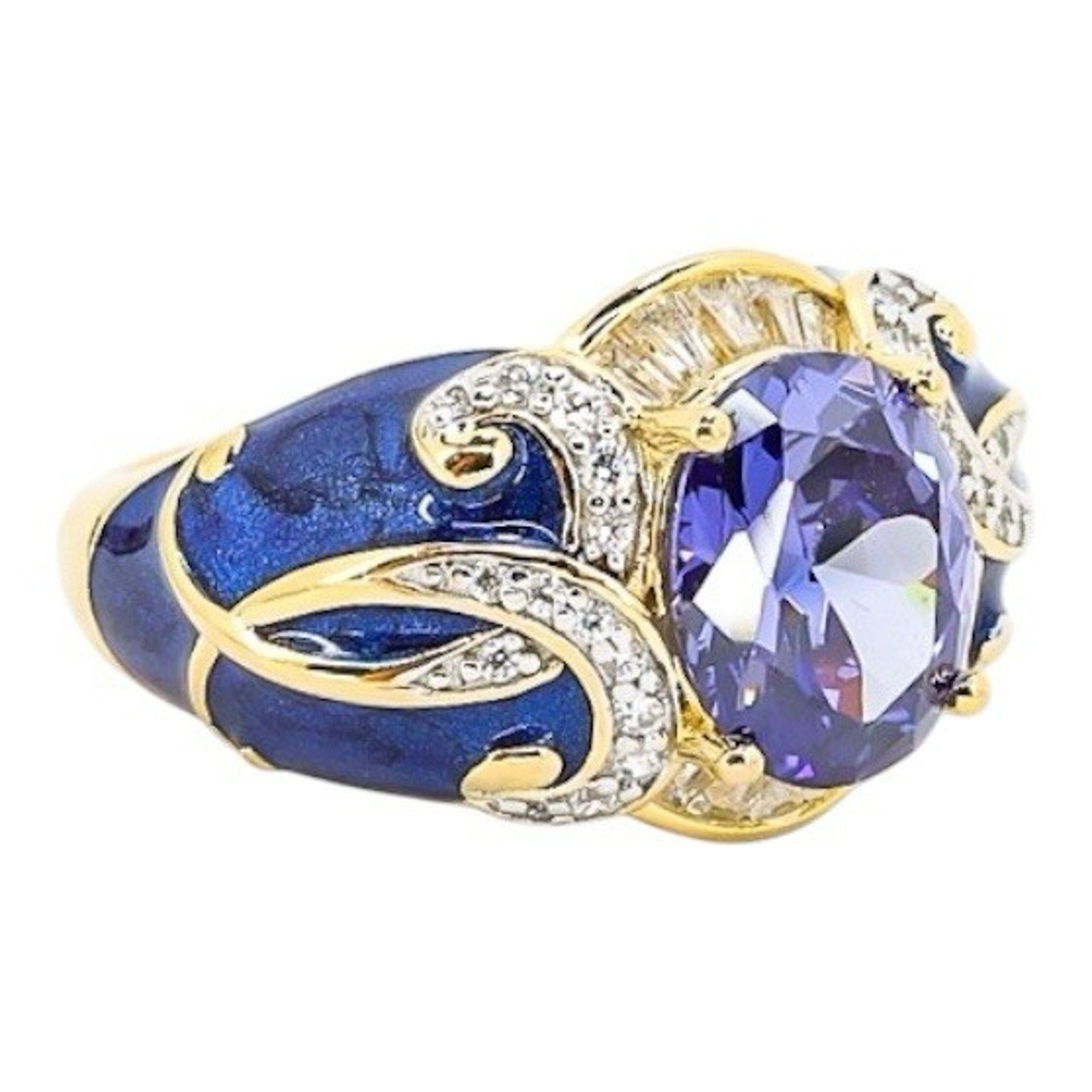 925 Blue Enamel & CZ Crystal Gold Vermeil Sterling Ring Palazzo Style