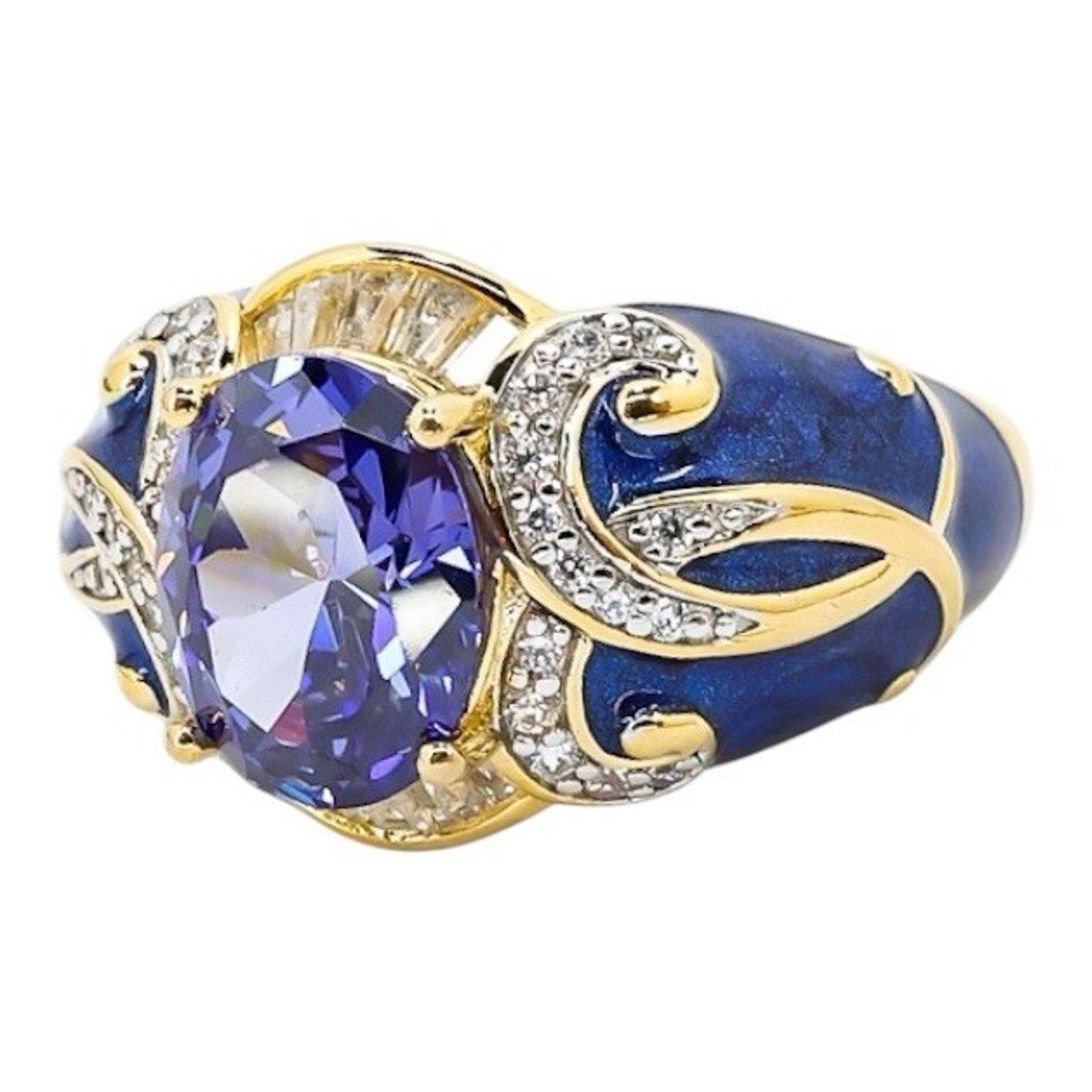 925 Blue Enamel & CZ Crystal Gold Vermeil Sterling Ring Palazzo Style