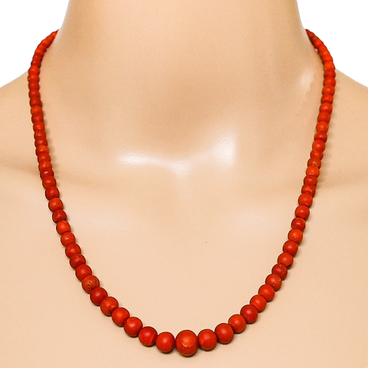 Vintage Mediterranean Red Coral Graduated Bead Necklace 20” – Natural Undyed Coral, 24 g