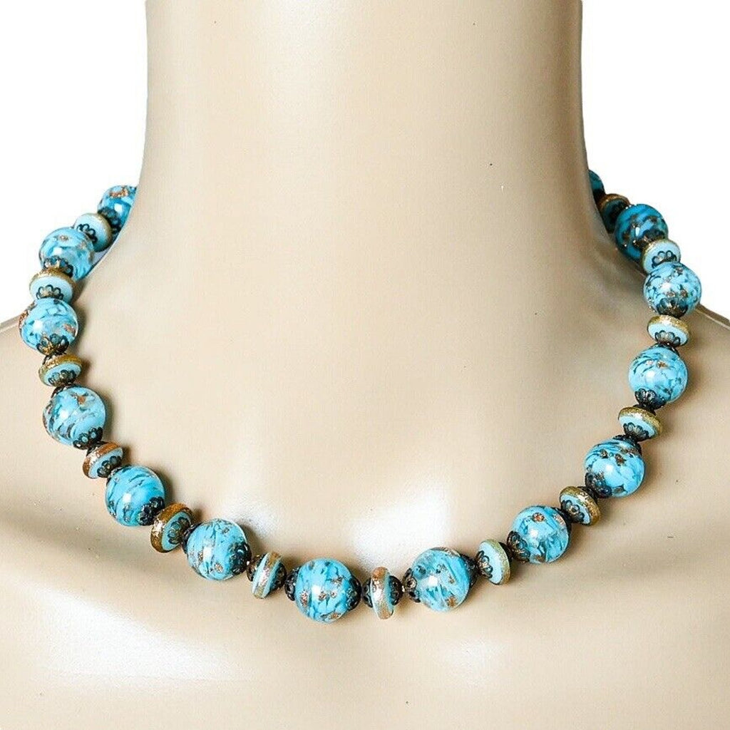 Vintage Murano Glass Jewelry Set Blue Aventurine Sommerso Beads Signed Italy