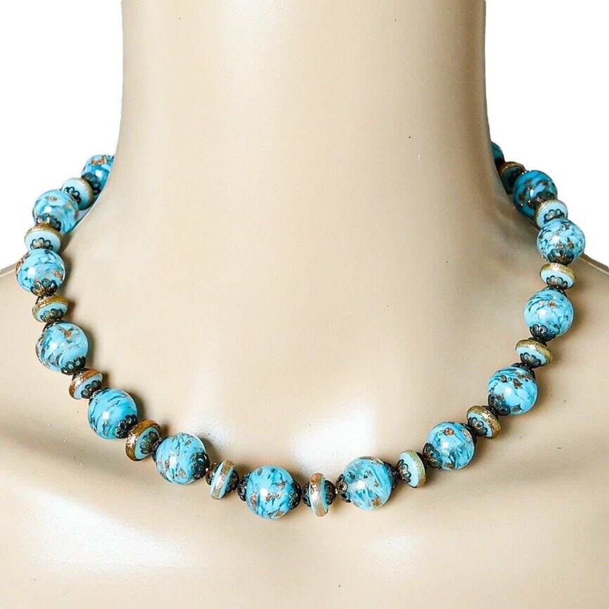 Vintage Murano Glass Jewelry Set Blue Aventurine Sommerso Beads Signed Italy