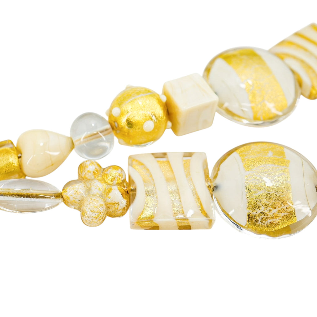 OroVetro - Signed Murano Necklace & Bracelet Set - Cream And Gold Foil Beads
