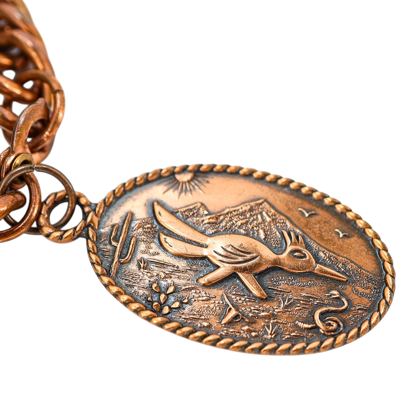 Vintage Solid Copper Curb Chain Bracelet with Bell Trading Post Roadrunner Charm – Southwestern Style