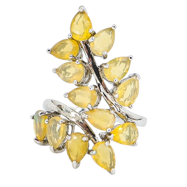 Sterling Silver Ethiopian Yellow Opal Leaf Ring, Size 8 – Pear-Cut Stones with Subtle Play of Color