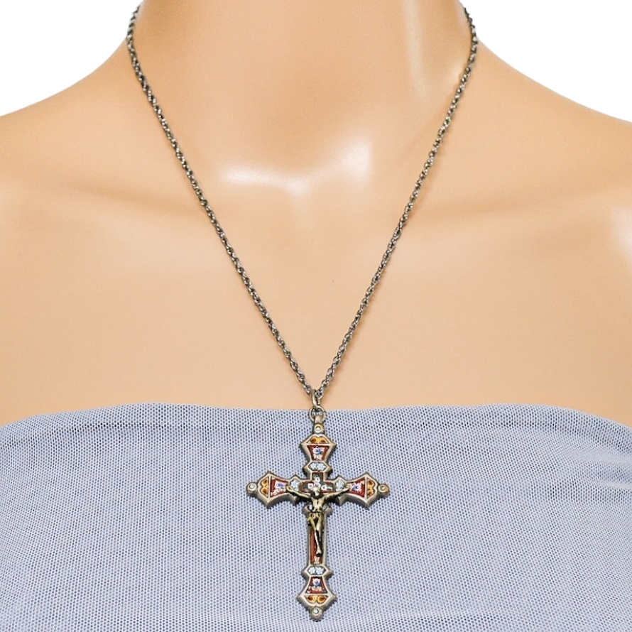 Vintage Italian Micro Mosaic Crucifix Pendant Necklace