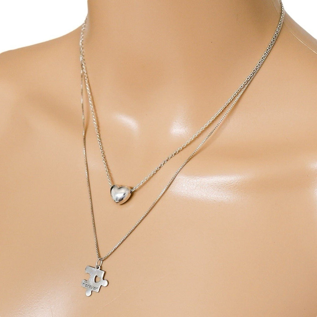 Lot 2 Stackable Layered Necklace Dyadema Puffy Heart 925 Italy “Forever” Puzzle