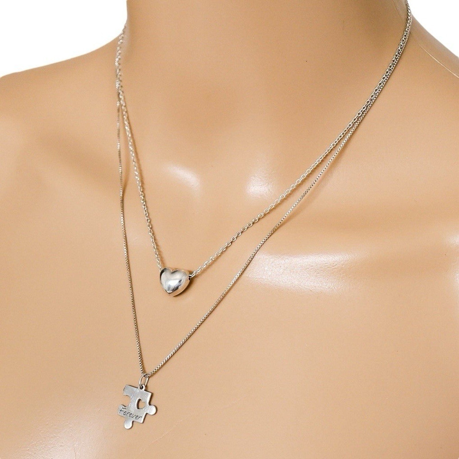 Lot 2 Stackable Layered Necklace Dyadema Puffy Heart 925 Italy “Forever” Puzzle
