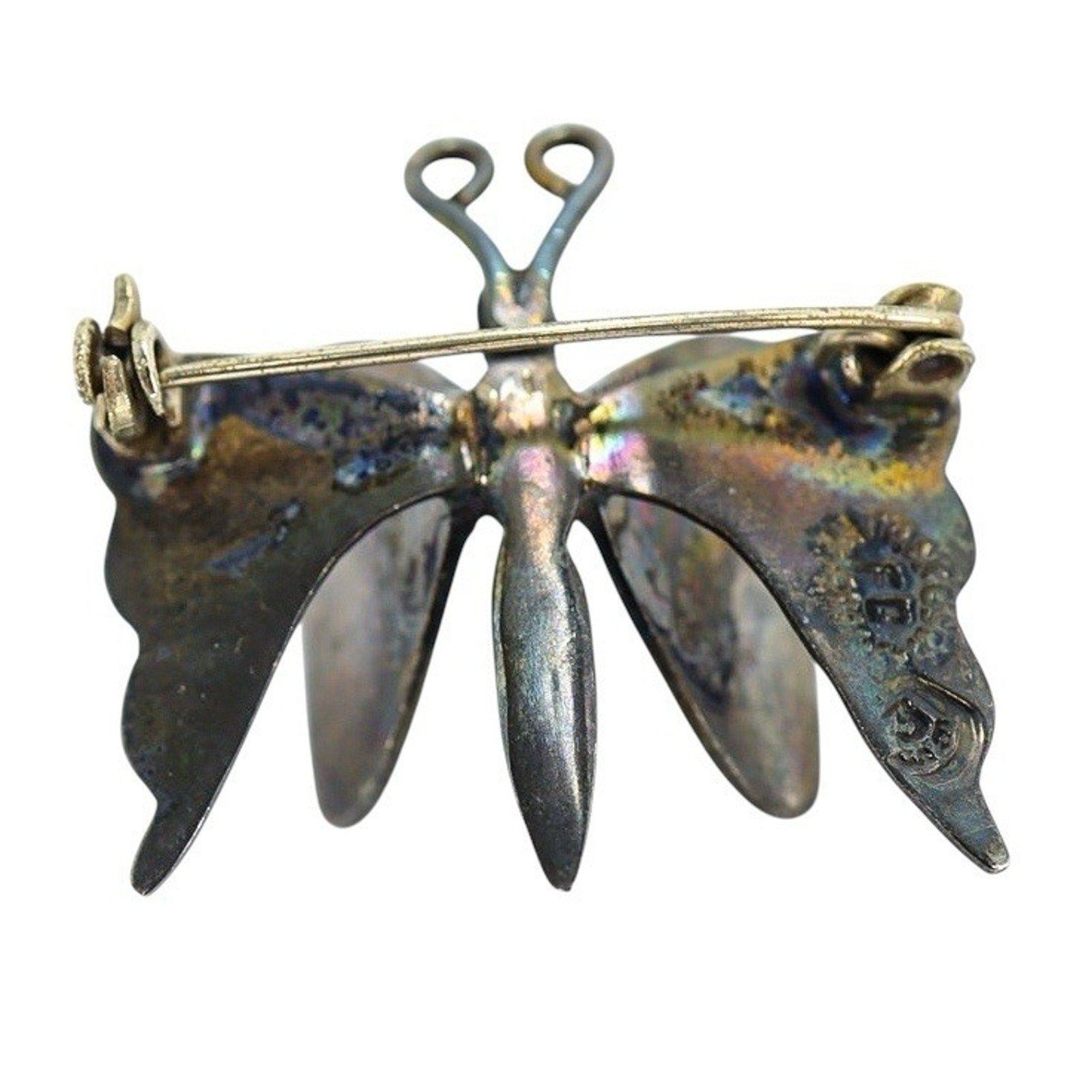 Vintage Taxco FG Sterling Silver Abalone Butterfly Brooch 3D Eagle #3 “FG” Mark