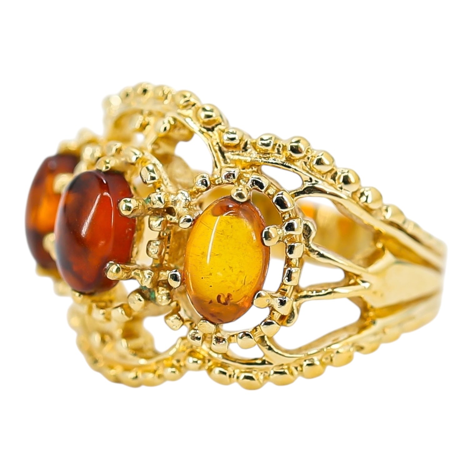 14K Gold-Plated Stainless Steel Baltic Amber Ring – Architectural Openwork Statement 3 Cabs